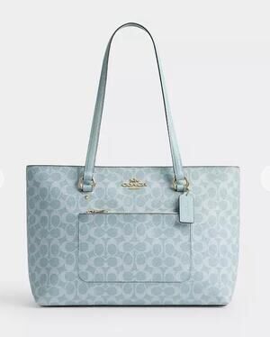B3-013 NWT COACH Station Tote Bag In Maxi Signature Canvas CCD69 Gold/Light Blue